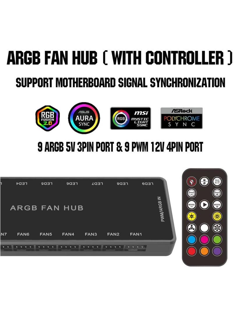Arabest ARGB Fan HUB Controller with Remote Control, PWM Hub Support 9 Groups of Fans for Addressable 5V 3Pin ARGB & 12V 4Pin PWM, 2-in-1 RGB Case Fan with Hidden Magnetic Base and SATA Power (9 Groups) - Image 3