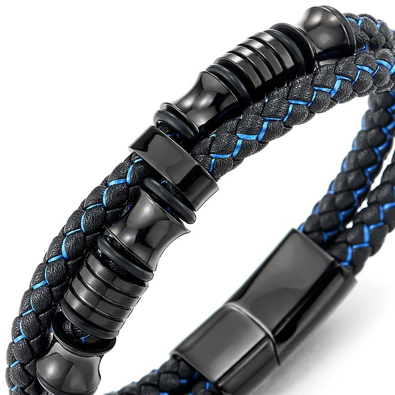 COOLSTEELANDBEYOND Mens Double-Row Black Blue Braided Leather Bracelet Bangle Wristband with Black Stainless Steel Ornaments - Image 2