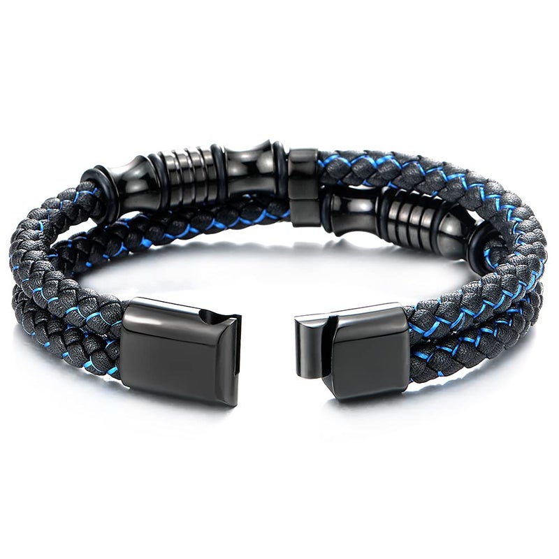 COOLSTEELANDBEYOND Mens Double-Row Black Blue Braided Leather Bracelet Bangle Wristband with Black Stainless Steel Ornaments - Image 3