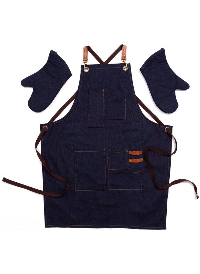 ستيفاني إمبورتس مريلة مطبخ للجنسين من ستيفاني إمبورتس مع جيوب وقفازات فرن (دينيم أزرق - للأطفال) - Image 1