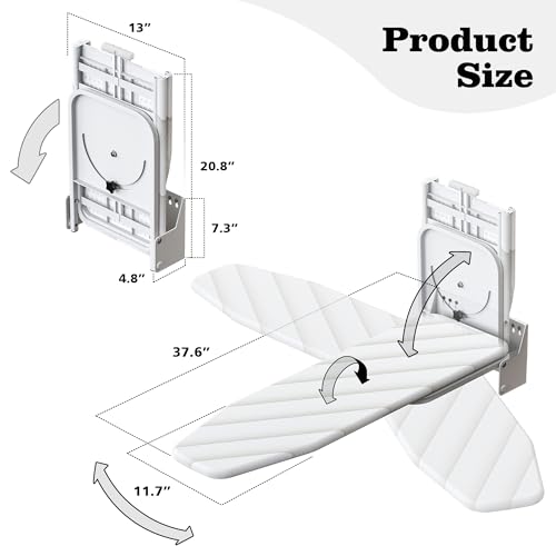 MYOYAY Wall Mounted Ironing Board 12 x 37 Inch Space-Saving 180° Swive Fold Away Ironing Board with Heat Resistant Cover for Home House Held Laundry with Manual，White - Image 2