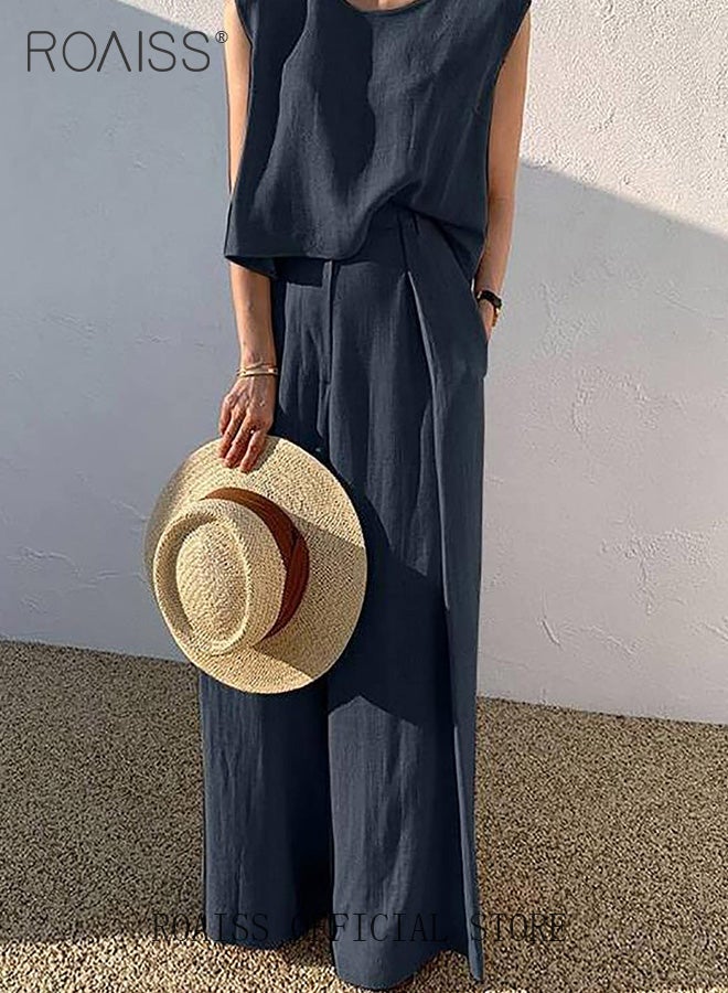 roaiss Ladies Comfortable Cotton Linen 2-Piece Suit with Tank Top and Wide Leg Pants for Daily Commute - Simple Loose Fit Design and Round Neckline for Leisure - Image 1