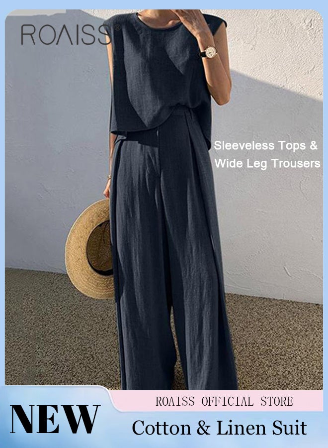 roaiss Ladies Comfortable Cotton Linen 2-Piece Suit with Tank Top and Wide Leg Pants for Daily Commute - Simple Loose Fit Design and Round Neckline for Leisure - Image 3