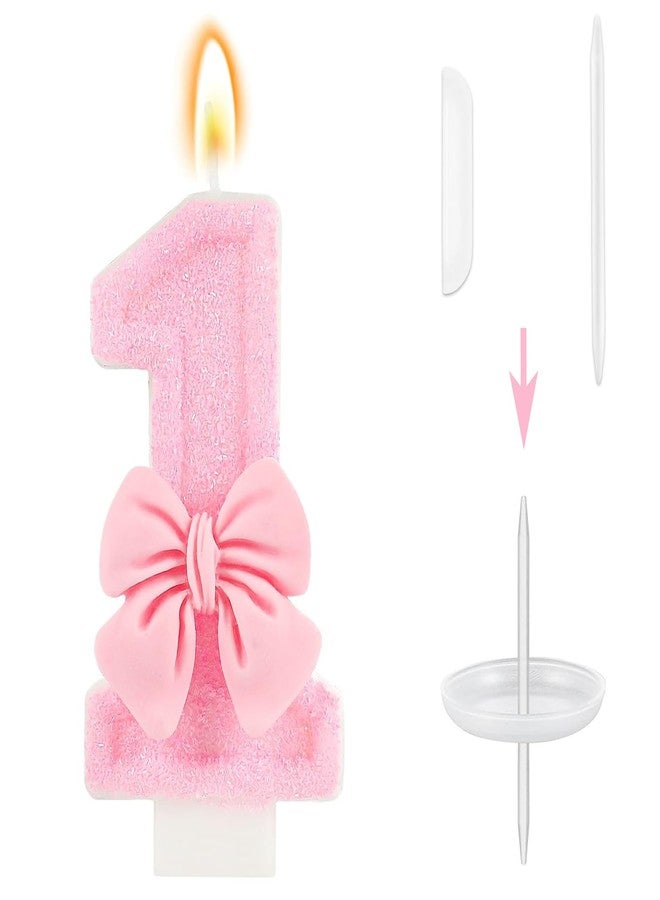 Hazyore Pink Bowknot Number 1 Birthday Candle, Pink Bowknot Cake Topper, 1st Birthday Anniversary Party Decor for Girls Women - Image 1