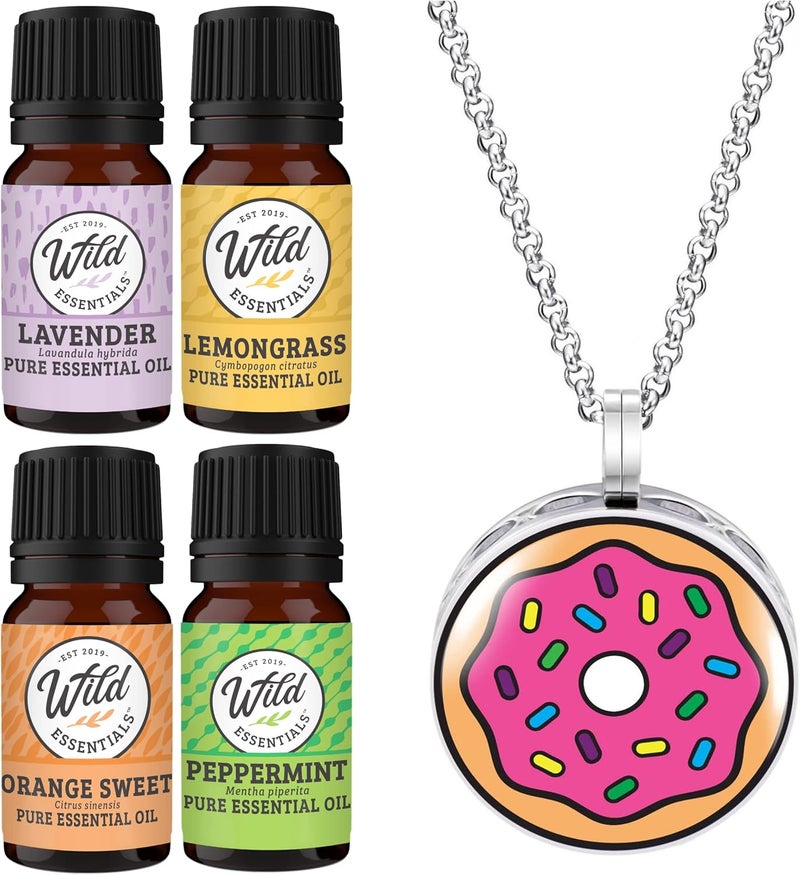 mEssentials Wild Essentials Pink Donut Necklace Essential Oil Diffuser Kit with Lavender, Lemongrass, Peppermint, Orange Oils, 8 Refill Pads, Calming Aromatherapy Gift Set, Customizable, Perfume 