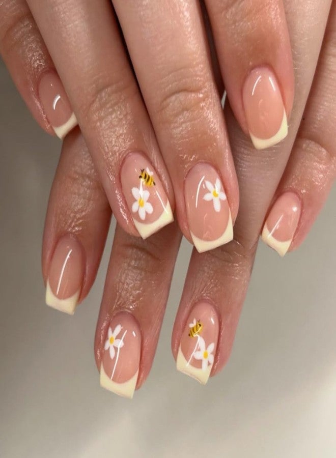 ROKHEVN Short Square Press on Nails French Tip Fake Nails bee Flower Glue on Nail with Designs Yellow Glossy False Nails Full Cover Acrylic Stick on Nail for Girls and Women 24Pcs - Image 1