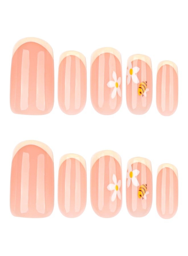 ROKHEVN Short Square Press on Nails French Tip Fake Nails bee Flower Glue on Nail with Designs Yellow Glossy False Nails Full Cover Acrylic Stick on Nail for Girls and Women 24Pcs - Image 2