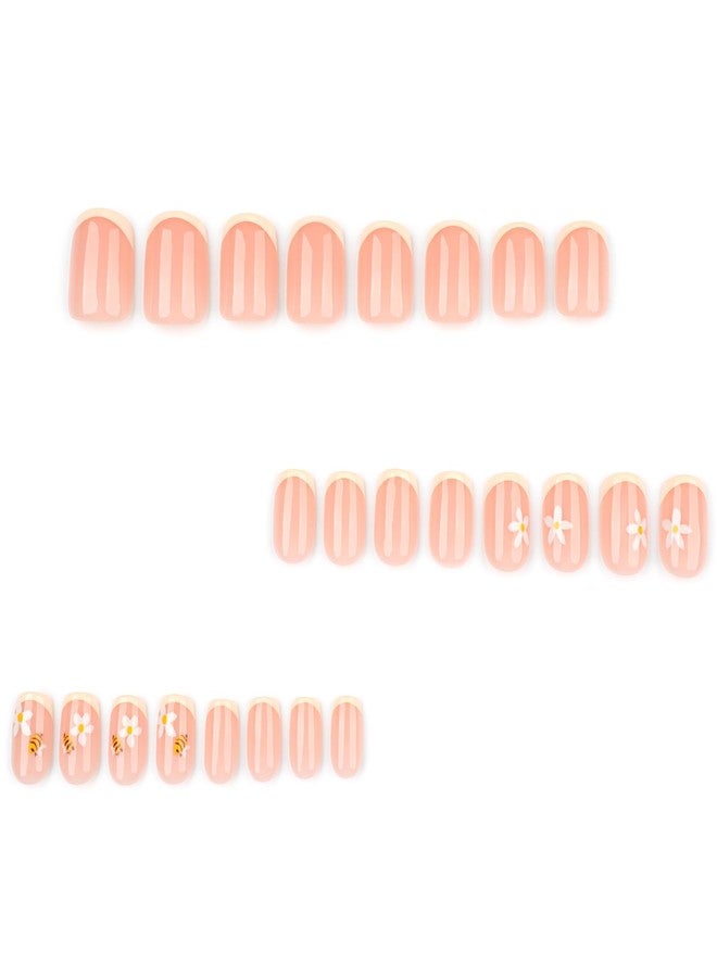 ROKHEVN Short Square Press on Nails French Tip Fake Nails bee Flower Glue on Nail with Designs Yellow Glossy False Nails Full Cover Acrylic Stick on Nail for Girls and Women 24Pcs - Image 5