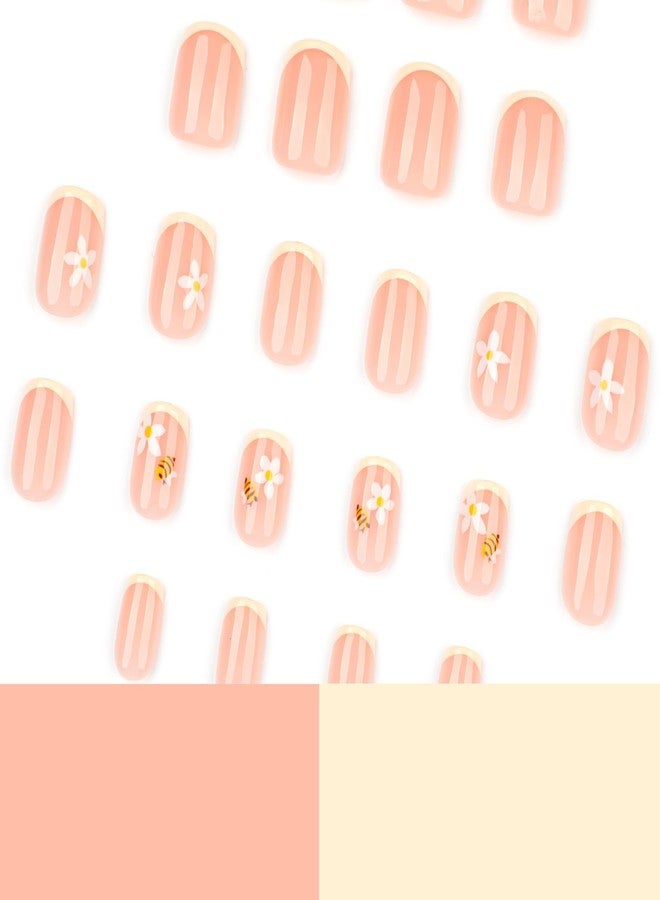 ROKHEVN Short Square Press on Nails French Tip Fake Nails bee Flower Glue on Nail with Designs Yellow Glossy False Nails Full Cover Acrylic Stick on Nail for Girls and Women 24Pcs - Image 4
