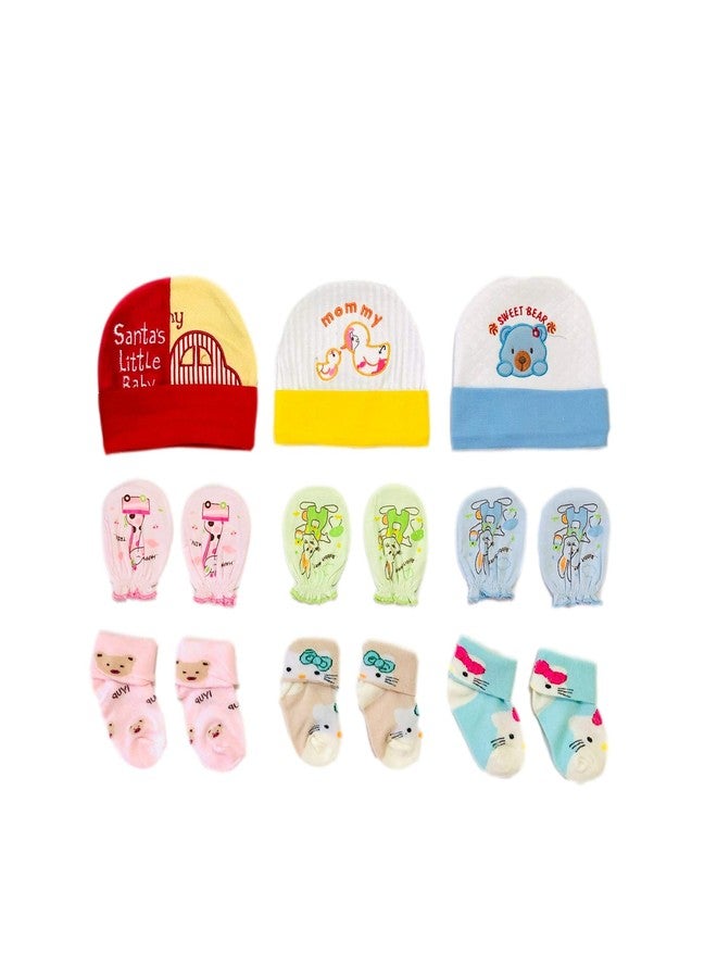 Freshfoot Cute and Colourful New Born Baby socks Set 0 to 12 months, Combo set-3 Pairs socks, 3 Pairs Head-caps, 3 pairs hand gloves/Mittens (Size 0-12 Months)(Pack of 9) Multi-colored (Mixed 1, 3) - Image 1