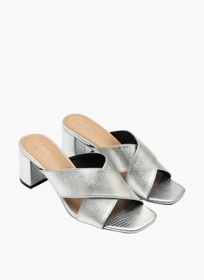 سيليست Women's Textured Cross-Strap Slip-On Sandals with Block Heels