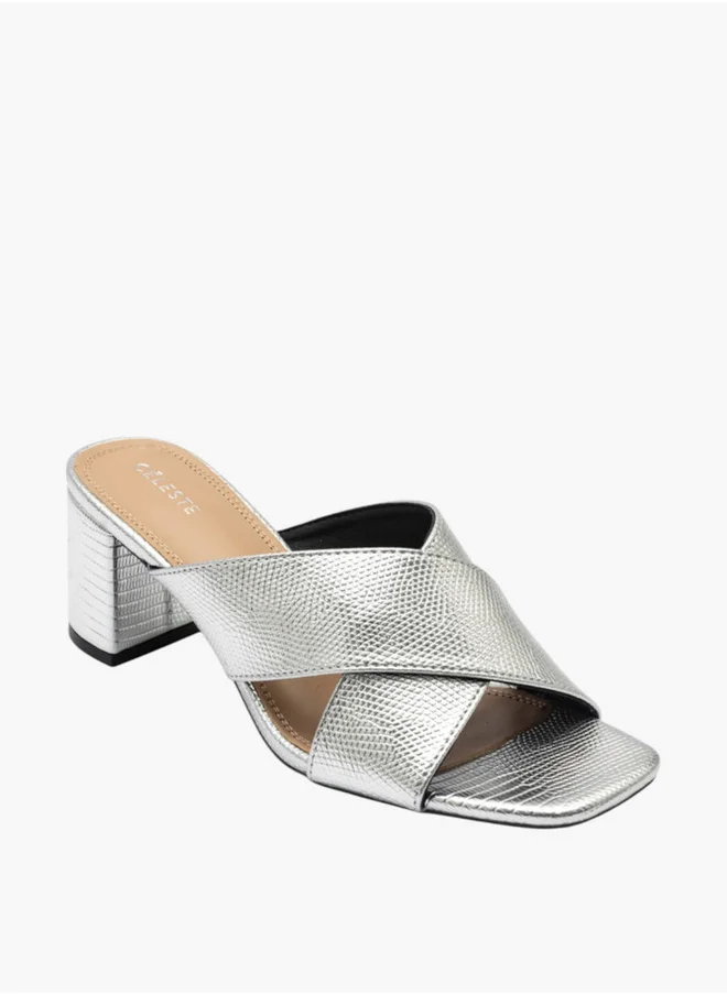 سيليست Women's Textured Cross-Strap Slip-On Sandals with Block Heels