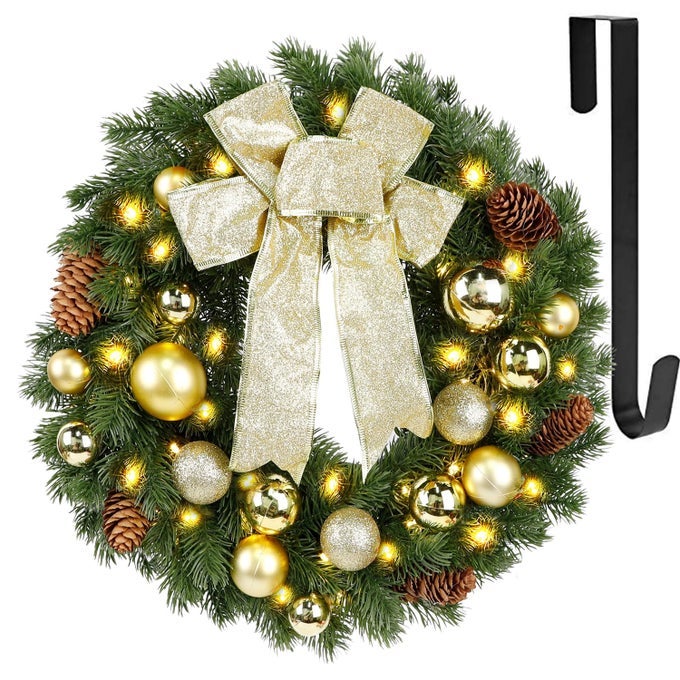 LIGHTED CHRISTMAS WREATH WITH METAL HANGER PRELIT XMAS WREATH WITH LARGE GOLDEN BOW BALLS BATTERY OPERATED WITH 40 LEDS LIGHTS FOR FRONT DOOR GATE WALL CHRISTMAS PARTY DECORATIONS