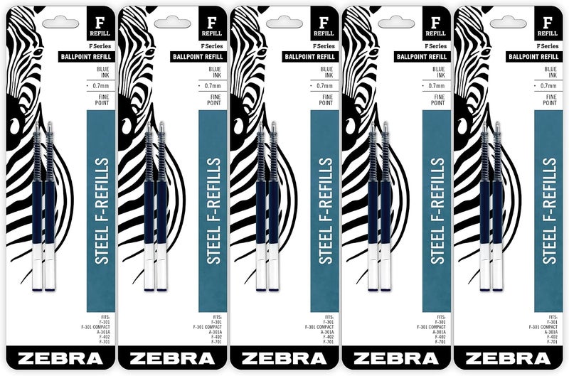 Zebra Pen F-Series Stainless Steel Ballpoint Refill, 10-Pack Blue Ink, 0.7mm Fine Point, Smooth Writing, Long-Lasting Ink Flow (50071) - Image 1