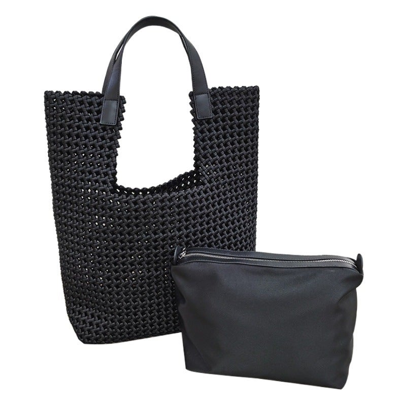 Light luxury hand-woven bag silk satin windmill knot hollow out niche design large capacity portable mother and child bag in stock - Image 2
