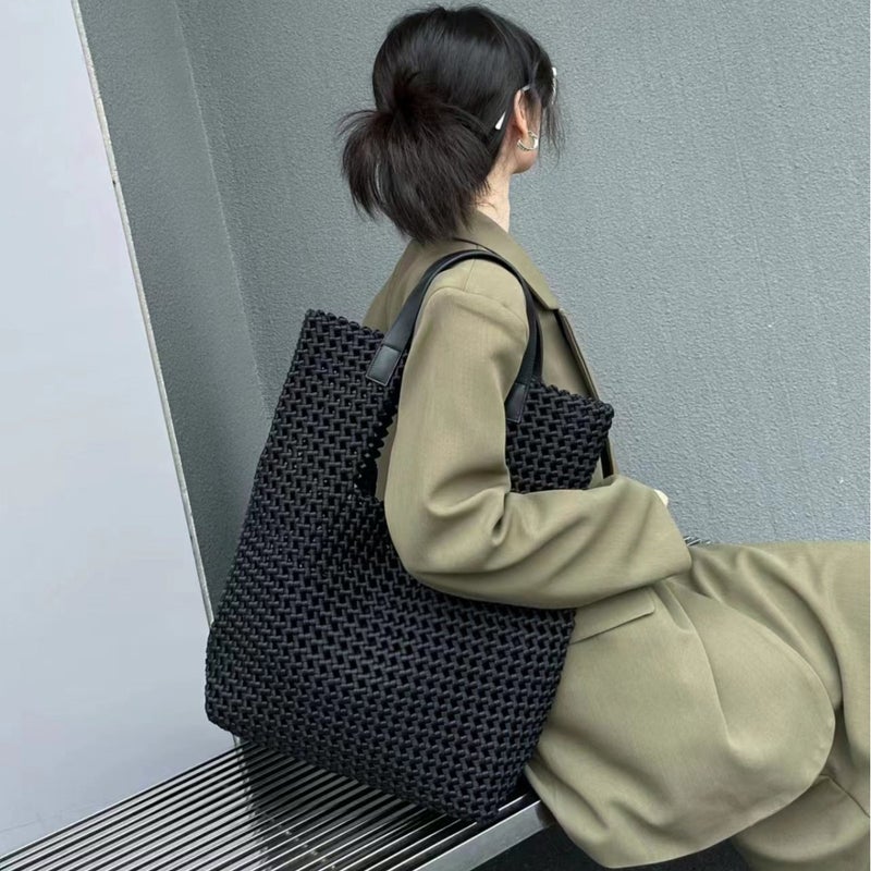 Light luxury hand-woven bag silk satin windmill knot hollow out niche design large capacity portable mother and child bag in stock - Image 3