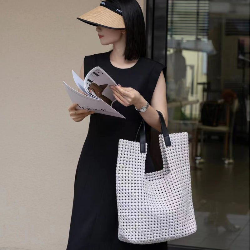 Light luxury hand-woven bag silk satin windmill knot hollow out niche design large capacity portable mother and child bag in stock - Image 5