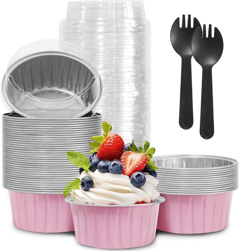 YOIYINI 50Pcs Mini Aluminum Foil Cupcake,5oz Baking Cups with Lids,Mini Cake Pans Disposable,Loaf Pans with Lids,Disposable Ramekins,Tin Cups Containers for Cupcake,Pudding,Muffin,Cheesecake (50, Pink - Image 1