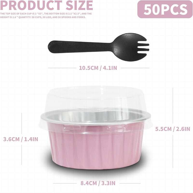 YOIYINI 50Pcs Mini Aluminum Foil Cupcake,5oz Baking Cups with Lids,Mini Cake Pans Disposable,Loaf Pans with Lids,Disposable Ramekins,Tin Cups Containers for Cupcake,Pudding,Muffin,Cheesecake (50, Pink - Image 2
