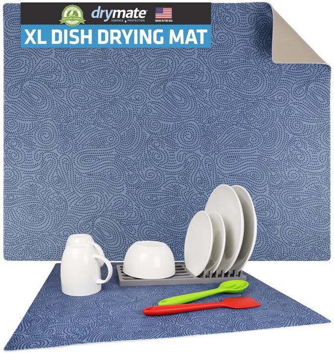 XL DISH DRYING MAT OVERSIZED 19X24 LOWPROFILE SUPER ABSORBENT QUICK DRY FABRIC WATERPROOF SLIPRESISTANT FOR KITCHEN COUNTER TRIMMABLE EASY TO CLEAN USA MADEBLUE