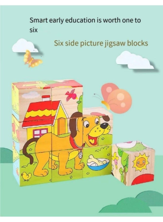 Toddler Wooden Toys Six Sided Picture Jigsaw Puzzles Building Blocks Toys Children's Educational Building Blocks Toys - Image 2