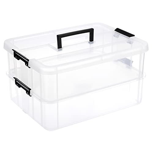 JUXYES 2-Tiers Stack Carry Storage Box With Handle, Transparent Stackable Storage Bin With Handle Lid Latching Storage Container for School & Office Supplies - Image 1