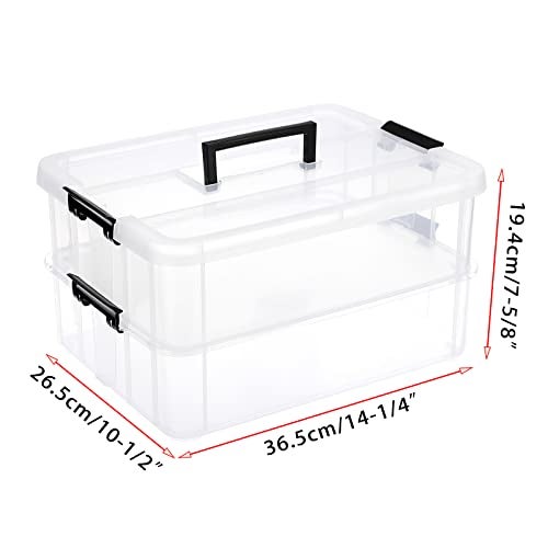 JUXYES 2-Tiers Stack Carry Storage Box With Handle, Transparent Stackable Storage Bin With Handle Lid Latching Storage Container for School & Office Supplies - Image 2