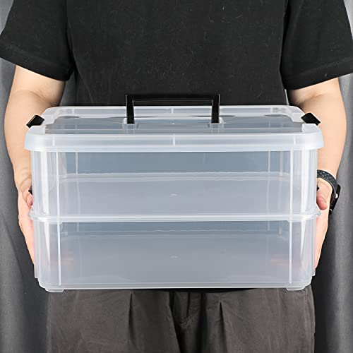 JUXYES 2-Tiers Stack Carry Storage Box With Handle, Transparent Stackable Storage Bin With Handle Lid Latching Storage Container for School & Office Supplies - Image 3