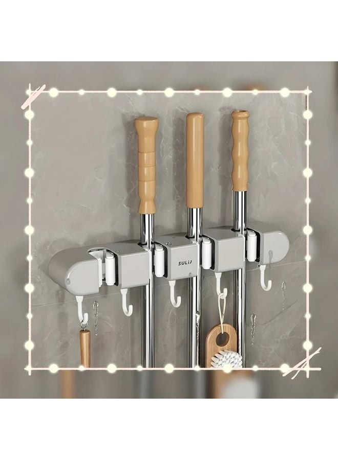 White Mop And Broom Wall Holder No Drill Install For Bathroom Garden Garage - Image 5