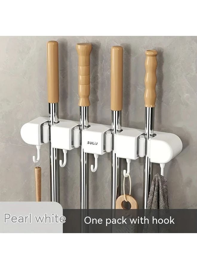White Mop And Broom Wall Holder No Drill Install For Bathroom Garden Garage - Image 1