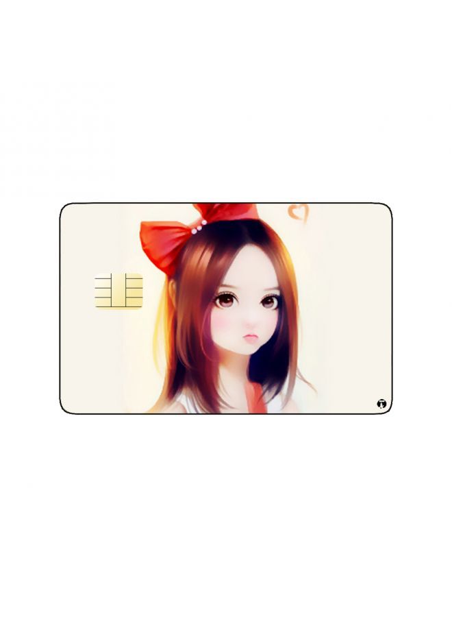 RKN PRINTED BANK CARD STICKER Cute Girl Drawing With Red Hair Bow - Image 1