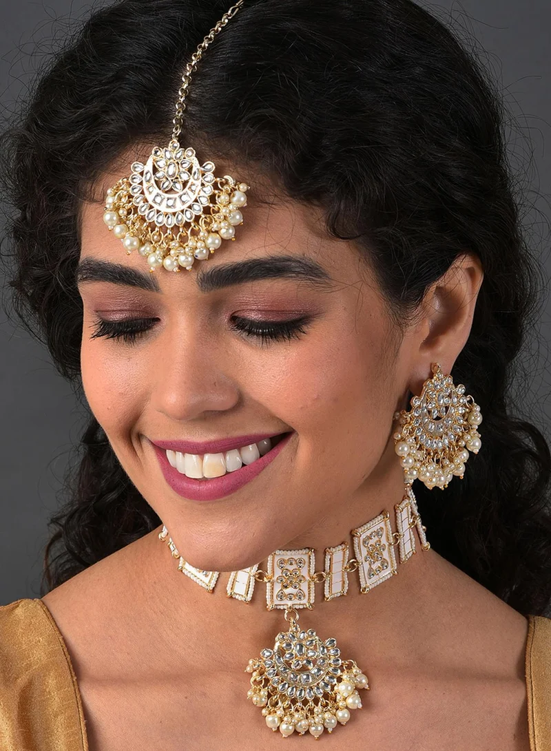 Sohi  White Pearl-Studded & Beaded Bridal Artificial Jewellery Set for Women | Best Price UAE