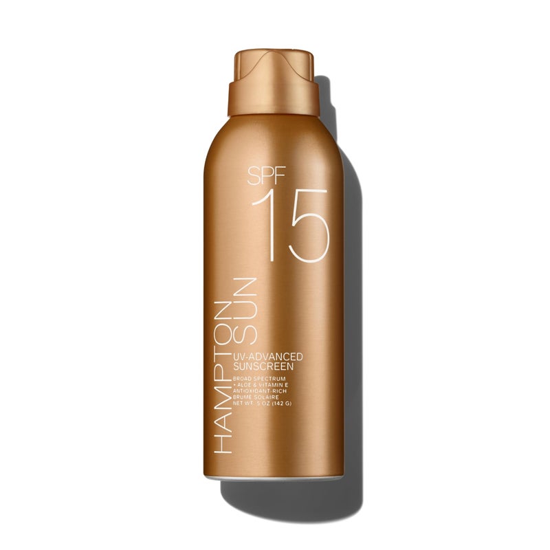 Hampton Sun SPF 15 Continuous Mist Sunscreen, Broad Spectrum UVA/UVB | Advanced Water + Sweat Resistance, Antioxidant-Rich Vitamin E + Aloe for Hydrated, Radiant Skin, Glowy Finish and Oil-Free. - Image 1
