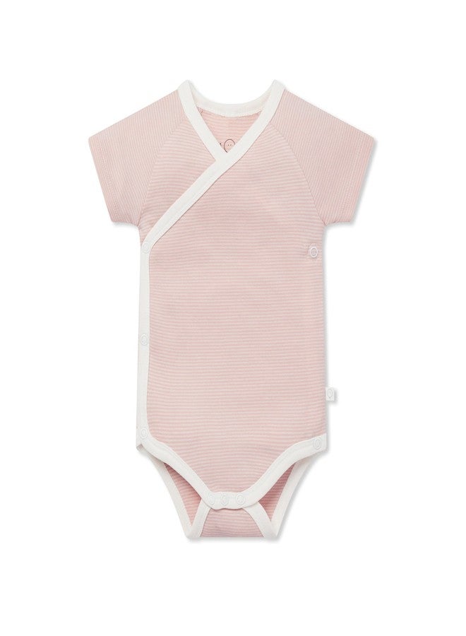 MORI Baby Unisex Short Sleeve Kimono Bodysuit in Blush Stripe - Breathable Wrap Romper with Nickel Free Poppers - 0-3 Months - Image 1