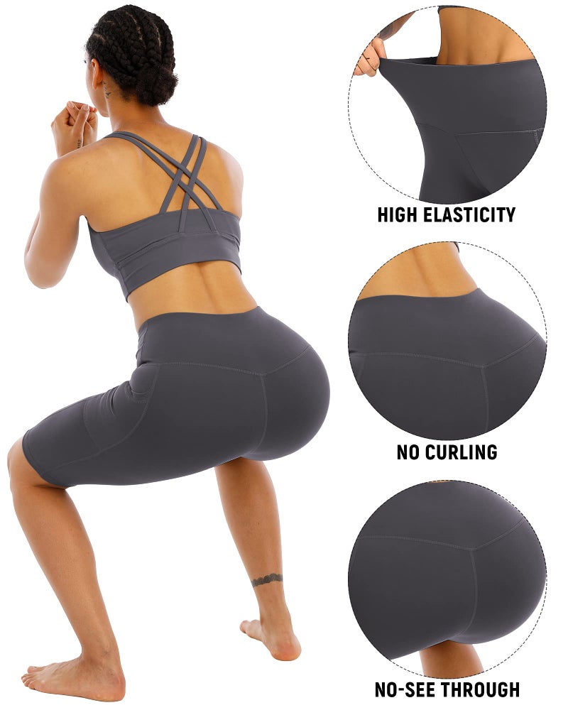 WHOUARE 4 Pack Biker Yoga Shorts with Pockets for Women,High Waisted Athletic Running Workout Gym Shorts Tummy Control,Black,Army Green,Navy,Dark Gray,S - Image 4