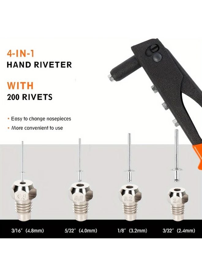 Orange Heavy Duty Hand Riveter Kit with 4 Nosepieces and 200 Rivets for Metal Plastic Leather - Image 5
