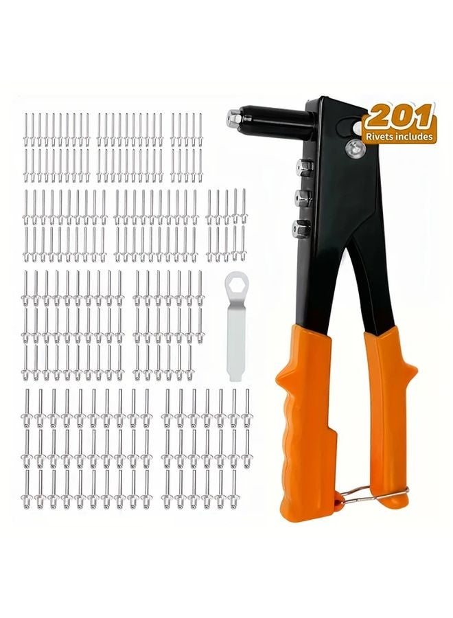 Orange Heavy Duty Hand Riveter Kit with 4 Nosepieces and 200 Rivets for Metal Plastic Leather - Image 2