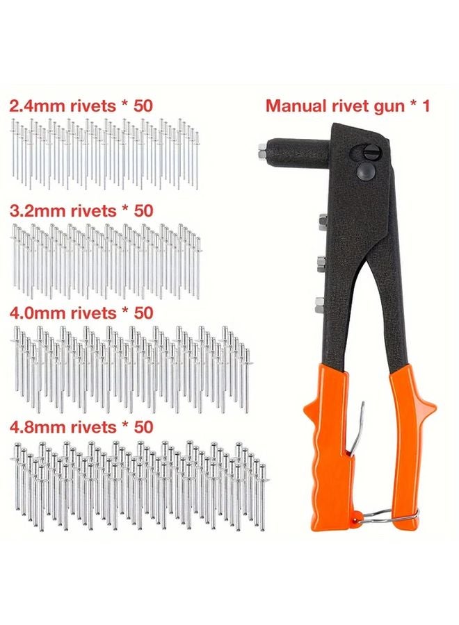 Orange Heavy Duty Hand Riveter Kit with 4 Nosepieces and 200 Rivets for Metal Plastic Leather - Image 1