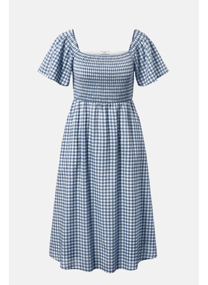 Tchibo فستان نسائي بأكمام قصيرة وياقة مربعة بتصميم جينغham، أزرق - Image 4