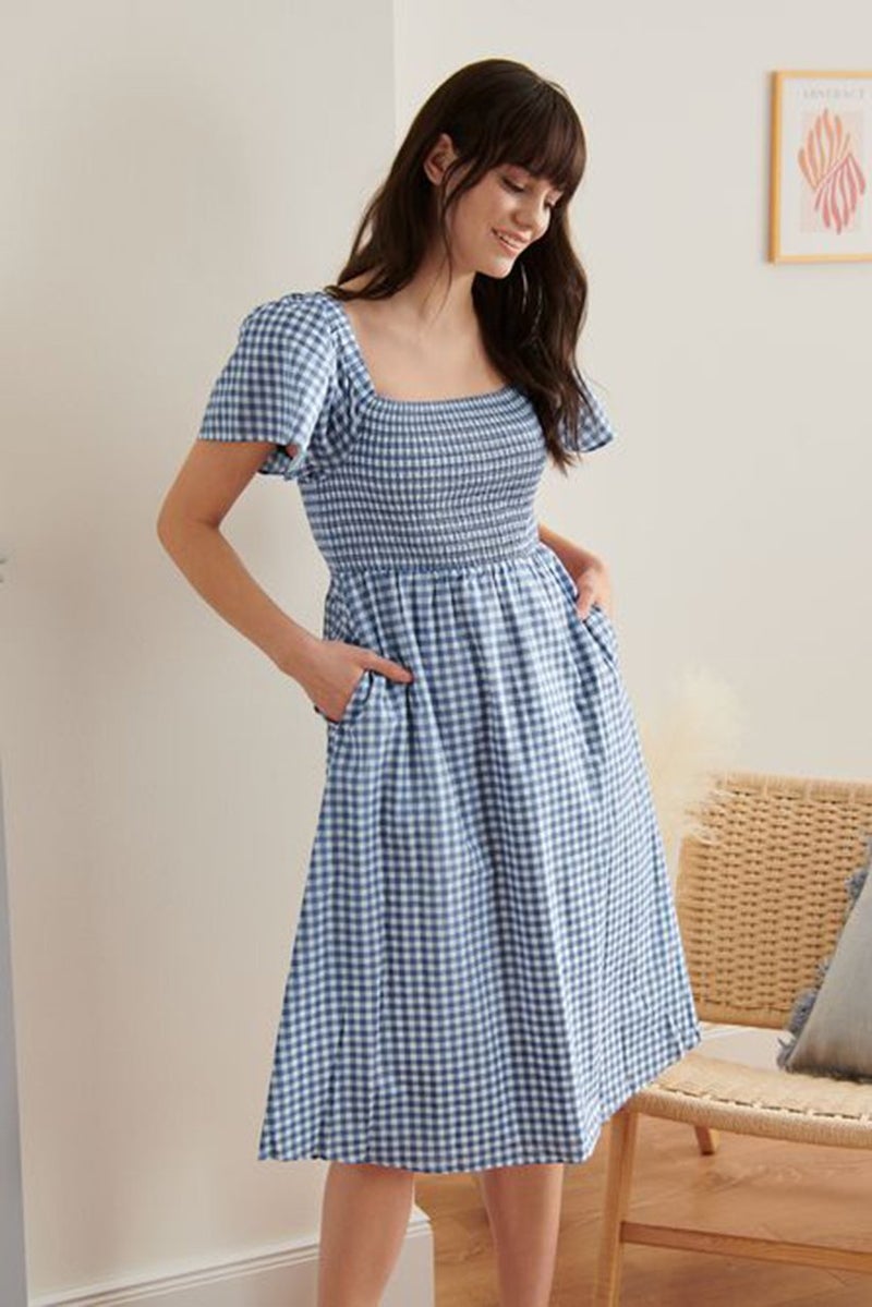 Tchibo فستان نسائي بأكمام قصيرة وياقة مربعة بتصميم جينغham، أزرق - Image 1
