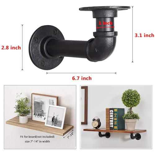 YCCO Industrial L Pipe Shelf Brackets for 7-14 in Depth Wood,Heavy-Duty 3/4" Iron,Wall Mount Floating Shelf Bracket L Metal Pipe Shelving Brackets for Wood-Black DIY Pipe Shelves(6.7*3.1 Inch 4 Pack) - Image 2