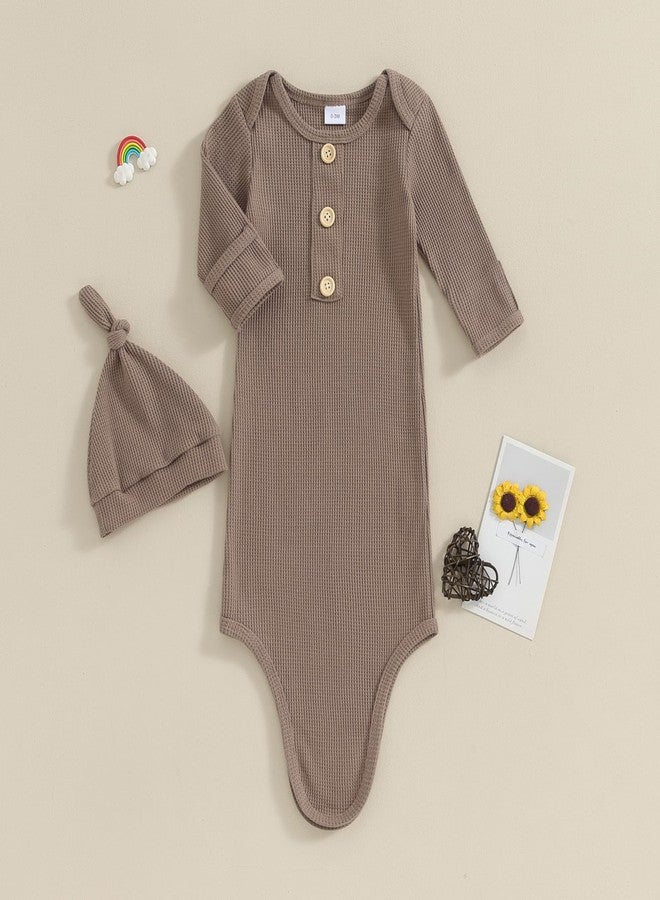 BULINGNA Newborn Baby Boys Girls Knotted Gown with Hat Set, Unisex Infant Nightgown with Mittens Sleepwear One Piece Pajamas (Coffee, 0-3 Months) - Image 2