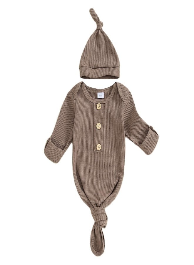 BULINGNA Newborn Baby Boys Girls Knotted Gown with Hat Set, Unisex Infant Nightgown with Mittens Sleepwear One Piece Pajamas (Coffee, 0-3 Months) - Image 1