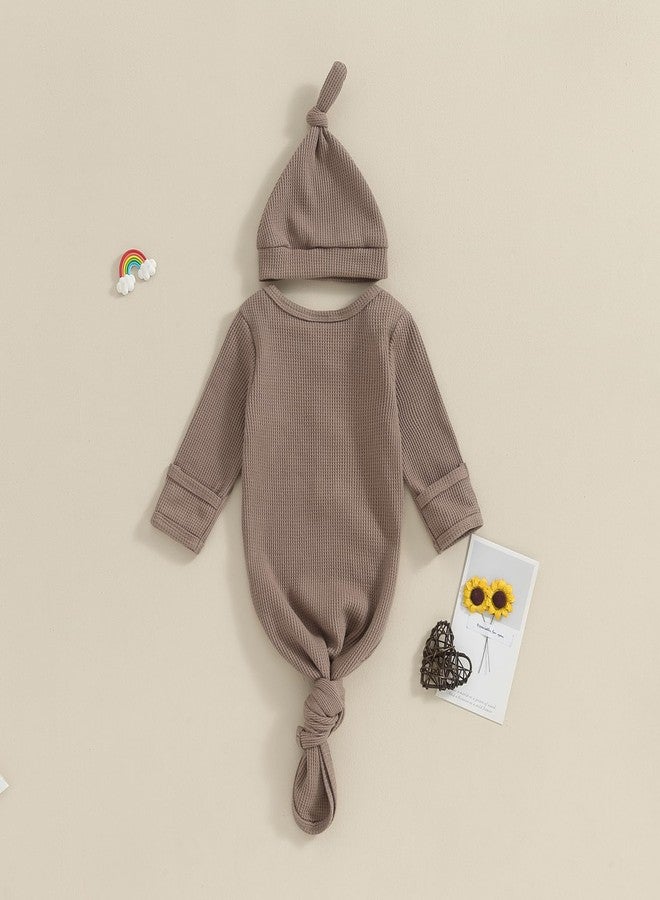 BULINGNA Newborn Baby Boys Girls Knotted Gown with Hat Set, Unisex Infant Nightgown with Mittens Sleepwear One Piece Pajamas (Coffee, 0-3 Months) - Image 3