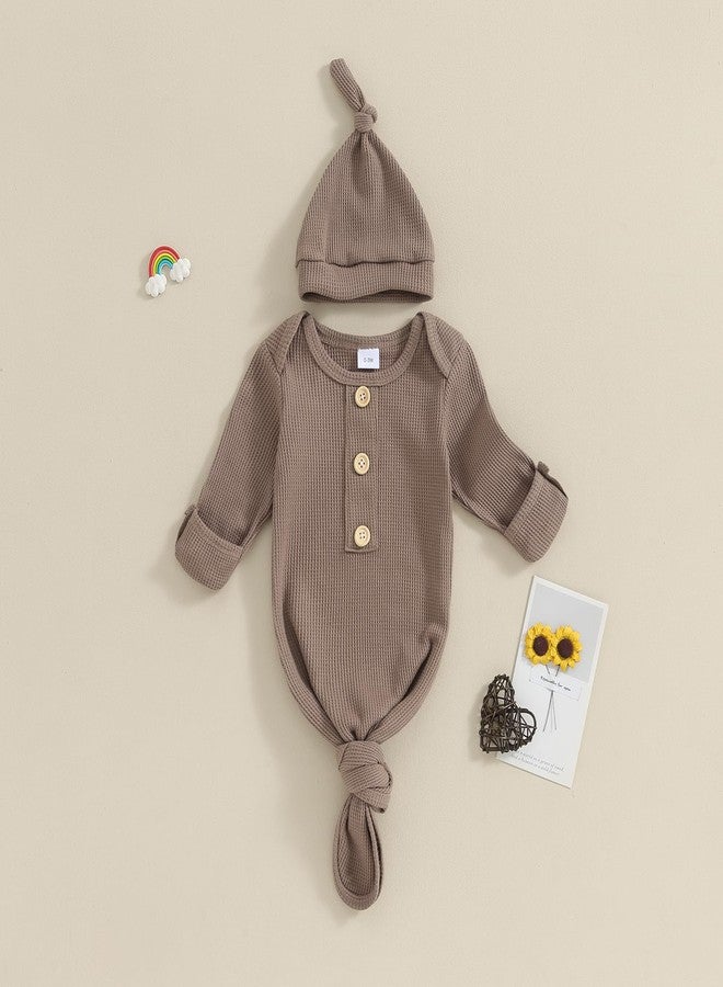 BULINGNA Newborn Baby Boys Girls Knotted Gown with Hat Set, Unisex Infant Nightgown with Mittens Sleepwear One Piece Pajamas (Coffee, 0-3 Months) - Image 4