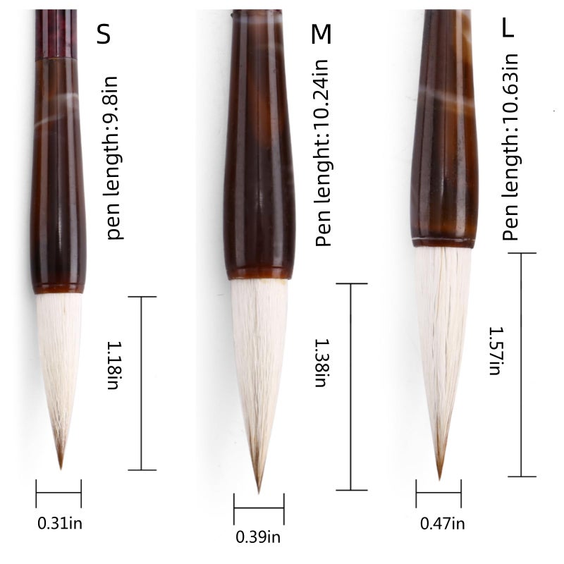 MEGREZ Chinese Calligraphy Brush Set - Kanji Japanese Art Sumi Writing Painting Drawing Practicing Set for Students and Beginners, Wolf Sheep Mix Brush, Set of 3 (S,M,L) - Image 4