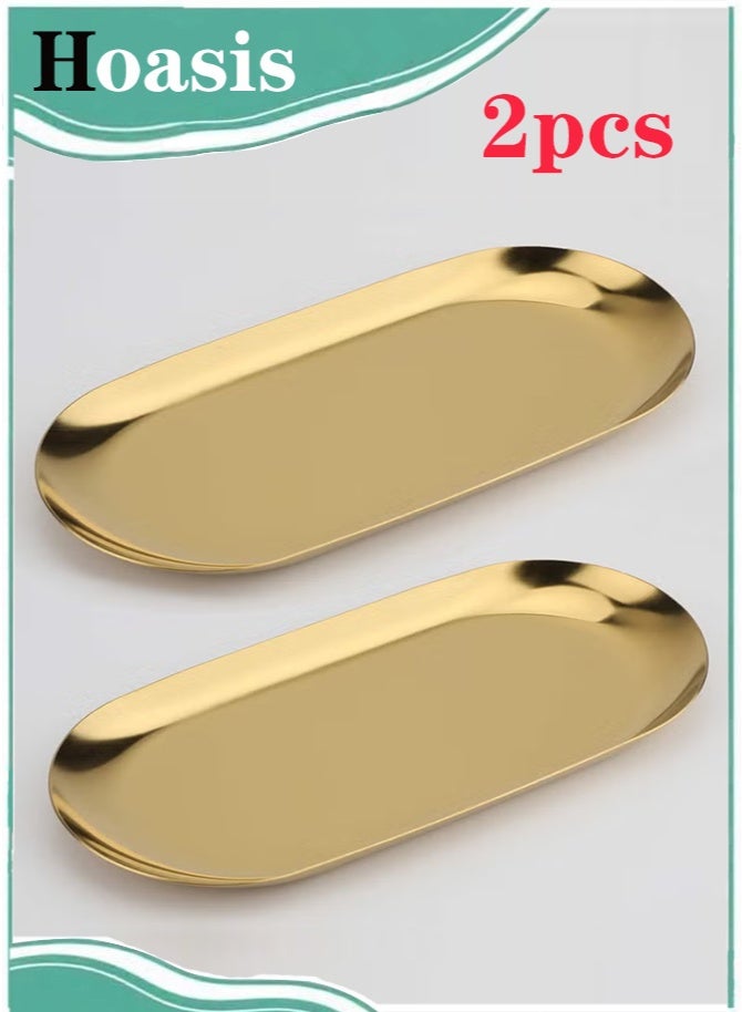 Hoasis Stainless Steel Decorative Tray Set of 2 – 9 Inch Oval Gold Jewelry Dish, Cosmetics Organizer, Bathroom Storage & Small Serving Platter - Image 1