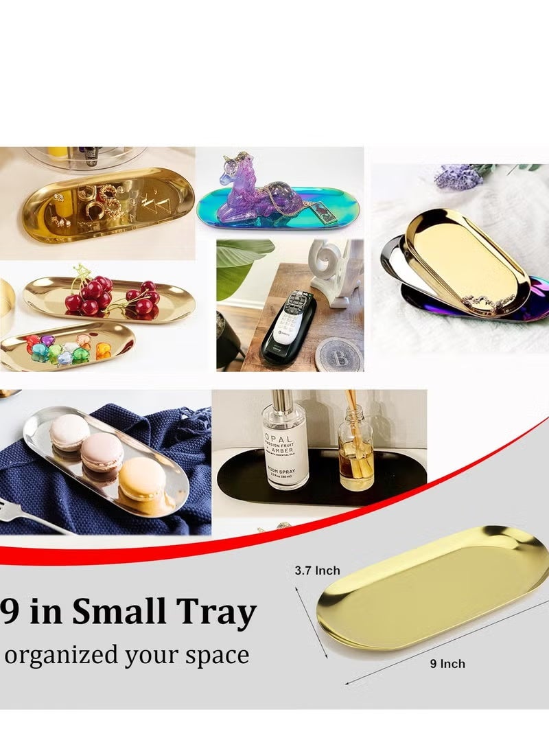 Hoasis Stainless Steel Decorative Tray Set of 2 – 9 Inch Oval Gold Jewelry Dish, Cosmetics Organizer, Bathroom Storage & Small Serving Platter - Image 2