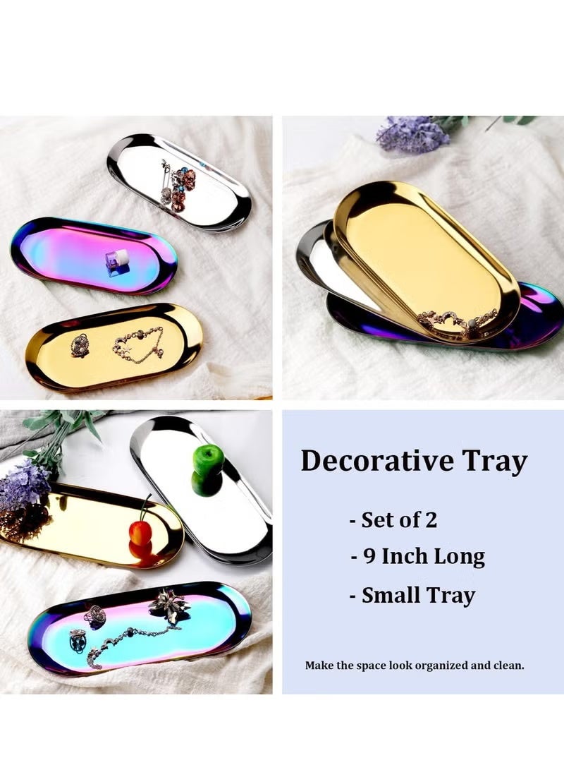 Hoasis Stainless Steel Decorative Tray Set of 2 – 9 Inch Oval Gold Jewelry Dish, Cosmetics Organizer, Bathroom Storage & Small Serving Platter - Image 4