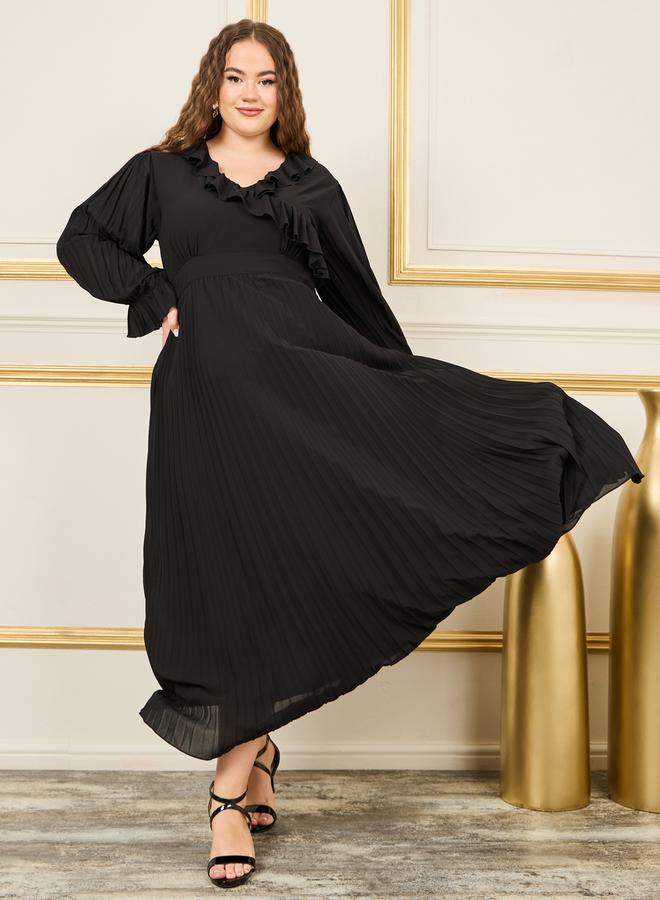 Styli Plus Ruffle Trim Pleated Detail A-Line Maxi Dress - Image 1